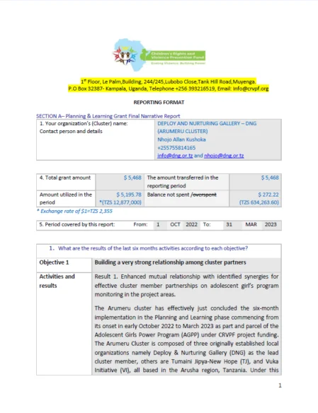 DNG Tanzania AGPP Plan and Learn Report